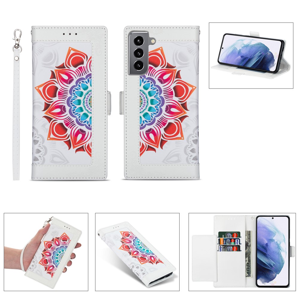 Flower Patterned PU Leather Wallet Stand Cell Phone Shell with Lanyard for Samsung Galaxy S21+ 5G - White-1