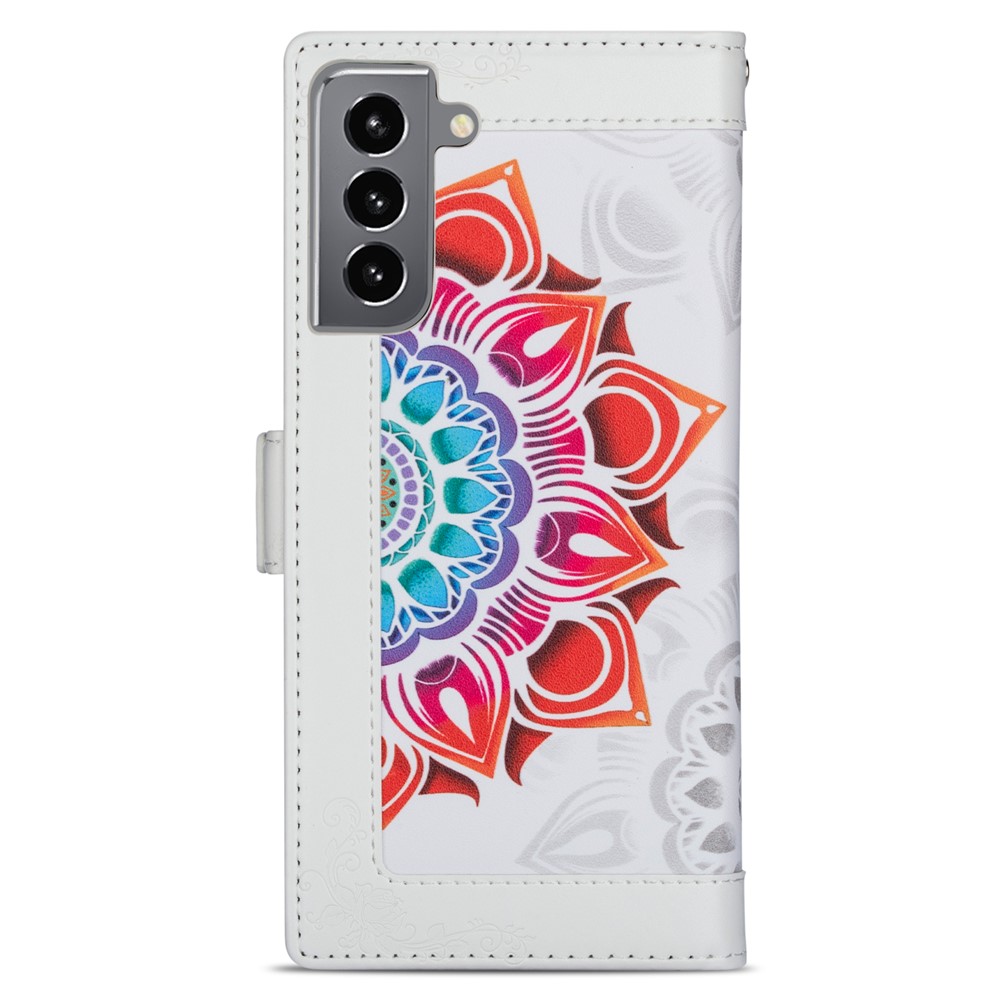 Flower Patterned PU Leather Wallet Stand Cell Phone Shell with Lanyard for Samsung Galaxy S21+ 5G - White-7