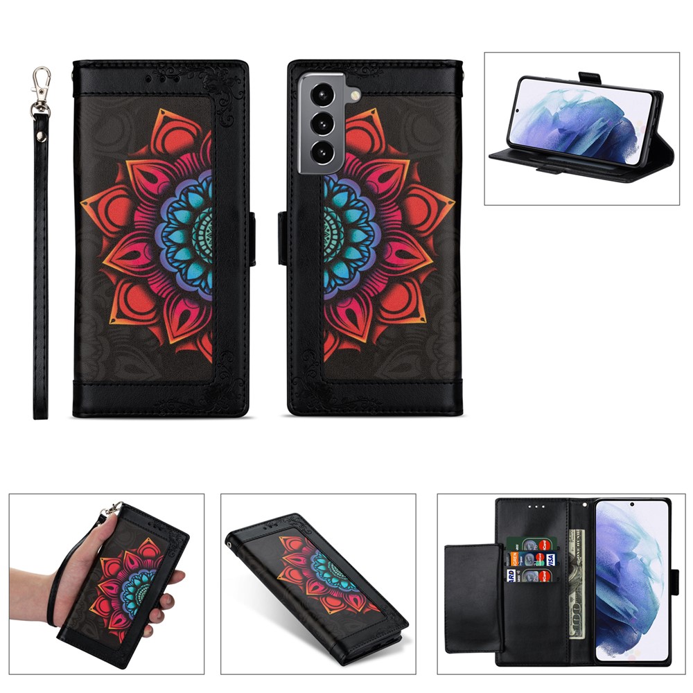 Flower Pattern Printing PU Leather + TPU Wallet Stand Shell for Samsung Galaxy S21 5G Cover - Black-1