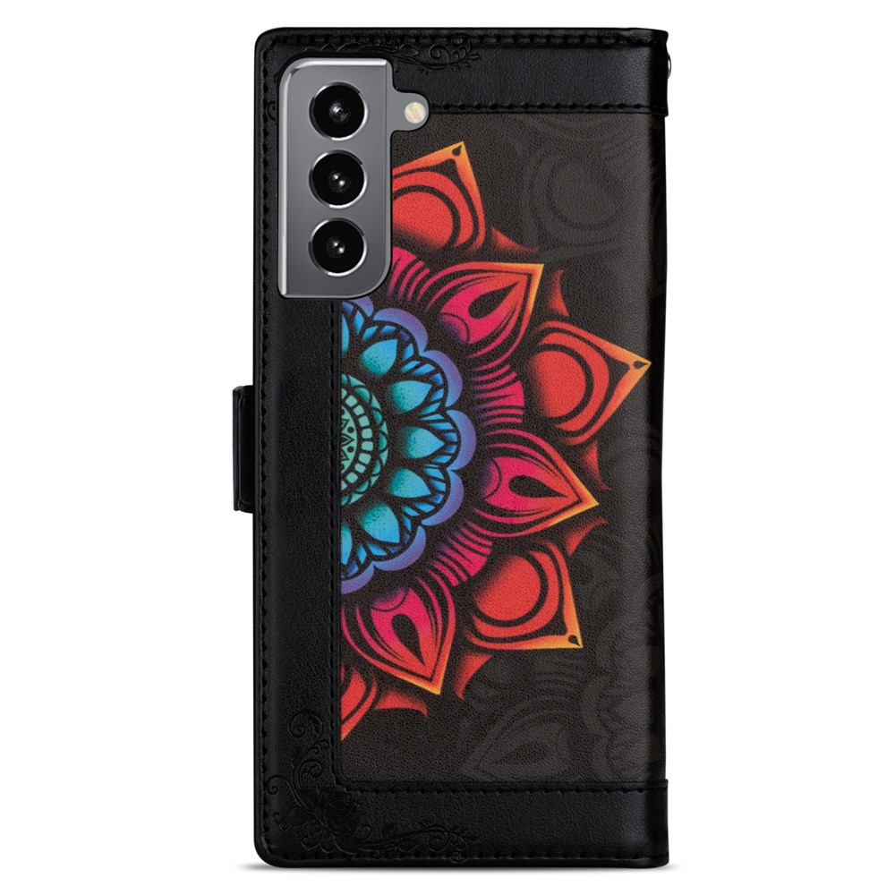 Flower Pattern Printing PU Leather + TPU Wallet Stand Shell for Samsung Galaxy S21 5G Cover - Black-3