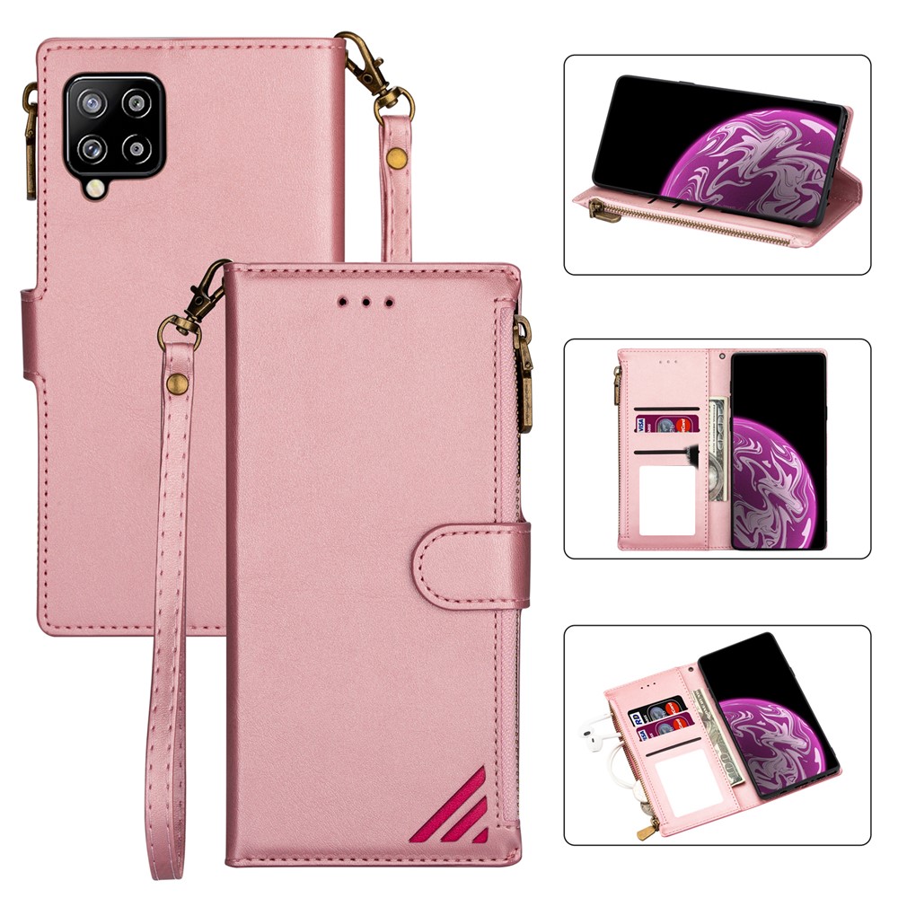 Wallet Phone Case PU Leather Coated TPU Cover for Samsung Galaxy A12 - Rose Gold-1