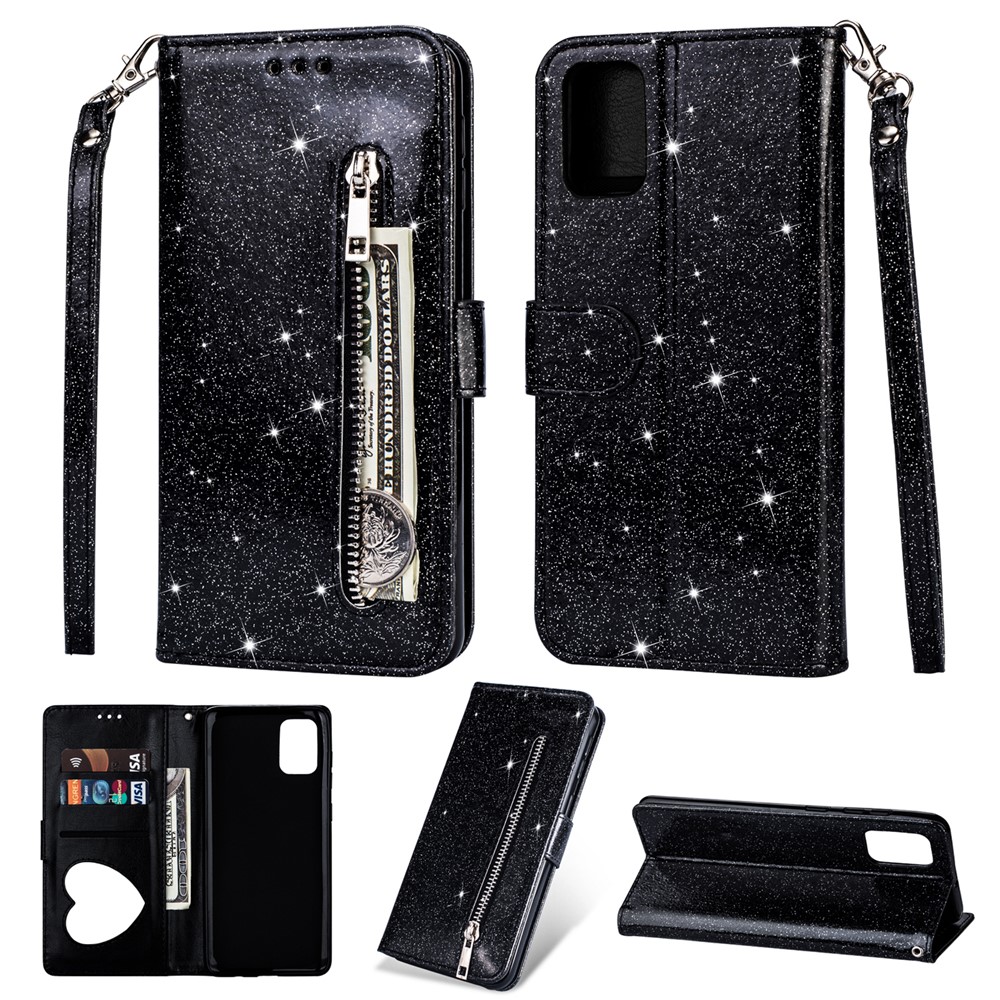 Flash Powder Zipper Pocket Wallet Flip Leather Phone Case with Strap for Samsung Galaxy M31s - Black-1