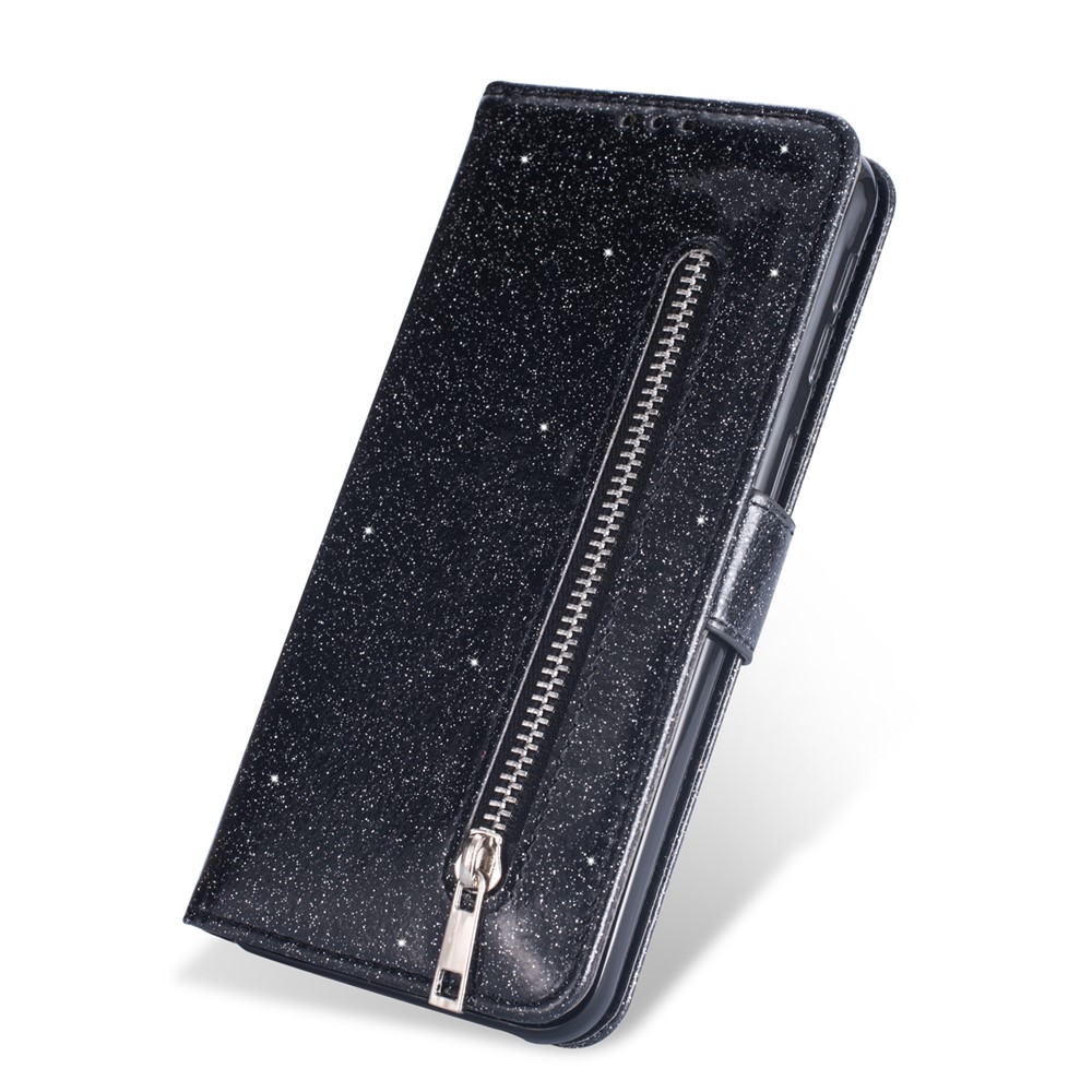 Flash Powder Zipper Pocket Wallet Flip Leather Phone Case with Strap for Samsung Galaxy M31s - Black-4