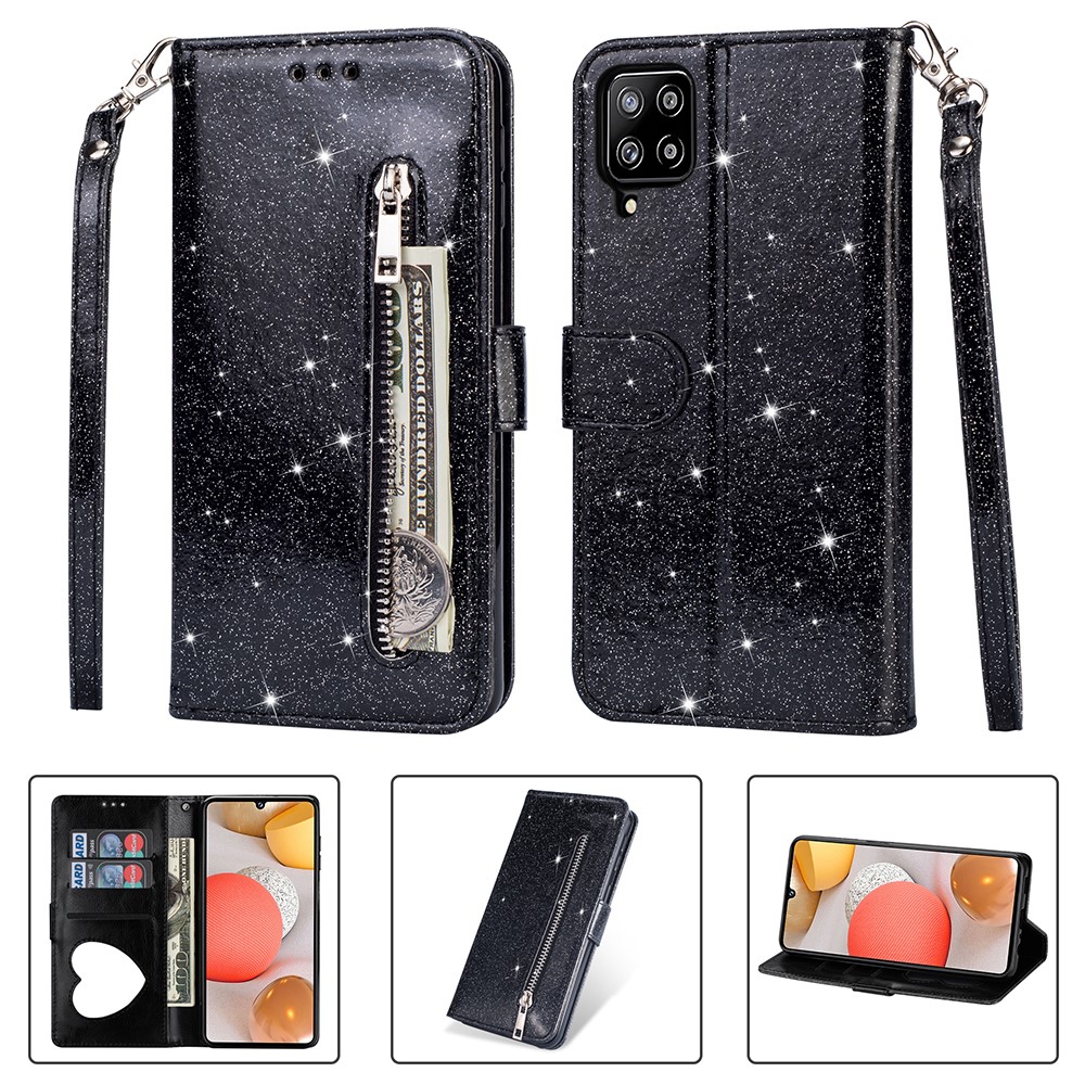Flash Powder Zipper Pocket Wallet Flip Leather Phone Case with Strap for Samsung Galaxy A42 5G - Black-1