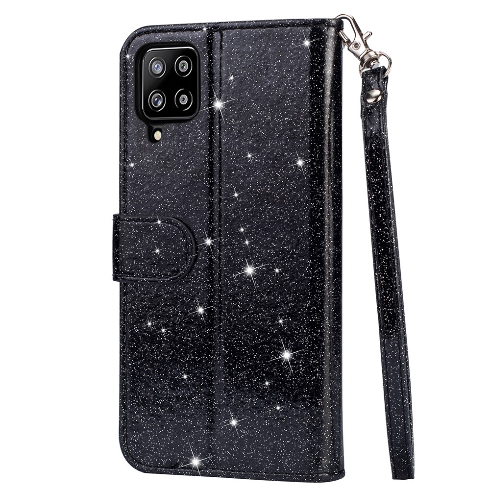 Flash Powder Zipper Pocket Wallet Flip Leather Phone Case with Strap for Samsung Galaxy A42 5G - Black-3