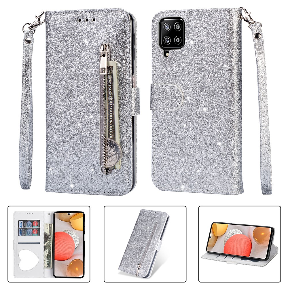 Flash Powder Zipper Pocket Wallet Flip Leather Phone Case with Strap for Samsung Galaxy A42 5G - Silver-1