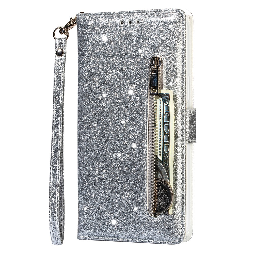 Flash Powder Zipper Pocket Wallet Flip Leather Phone Case with Strap for Samsung Galaxy A42 5G - Silver-2