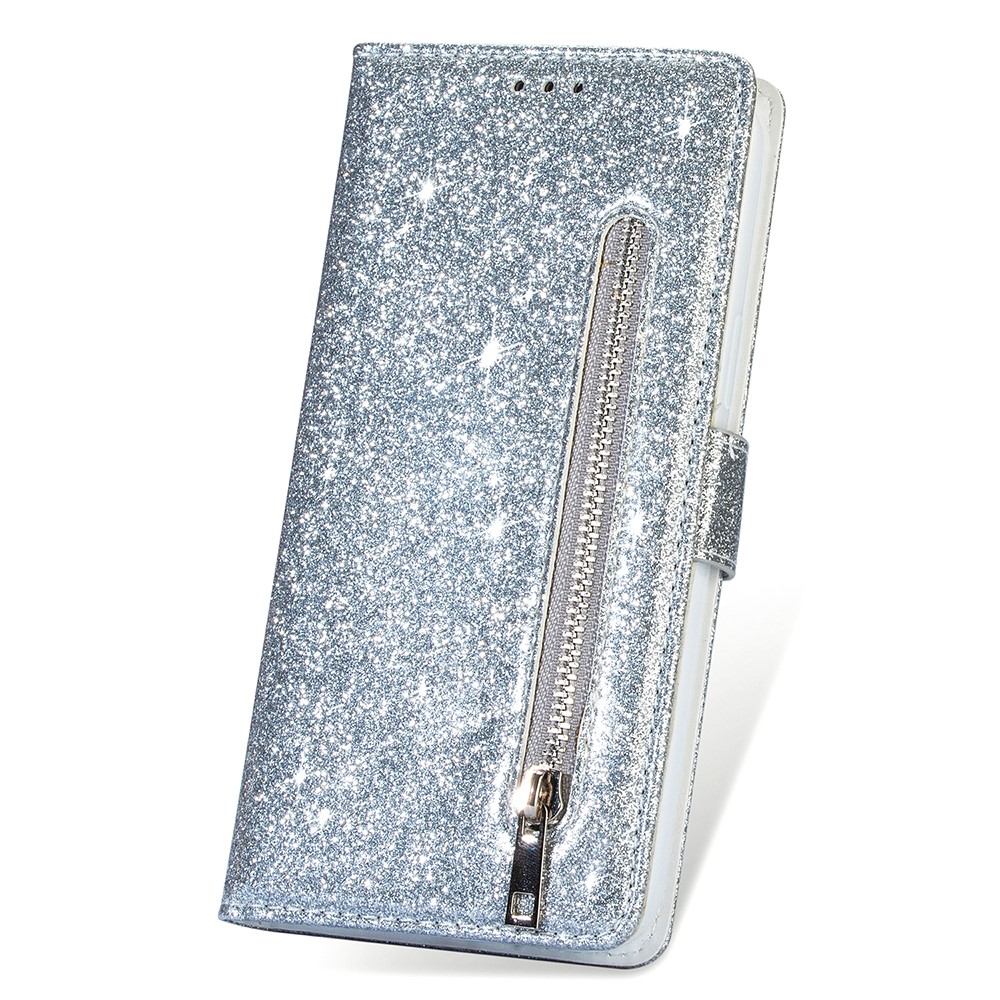 Flash Powder Zipper Pocket Wallet Flip Leather Phone Case with Strap for Samsung Galaxy A42 5G - Silver-4