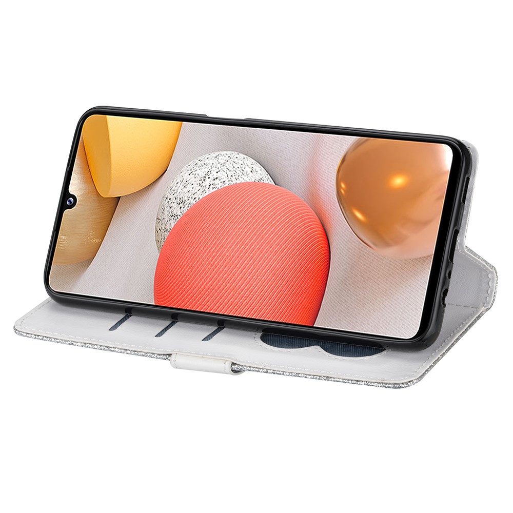 Flash Powder Zipper Pocket Wallet Flip Leather Phone Case with Strap for Samsung Galaxy A42 5G - Silver-5