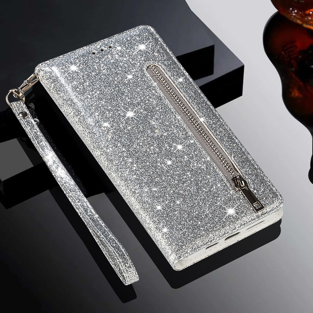 Flash Powder Zipper Pocket Wallet Flip Leather Phone Case with Strap for Samsung Galaxy A42 5G - Silver-7