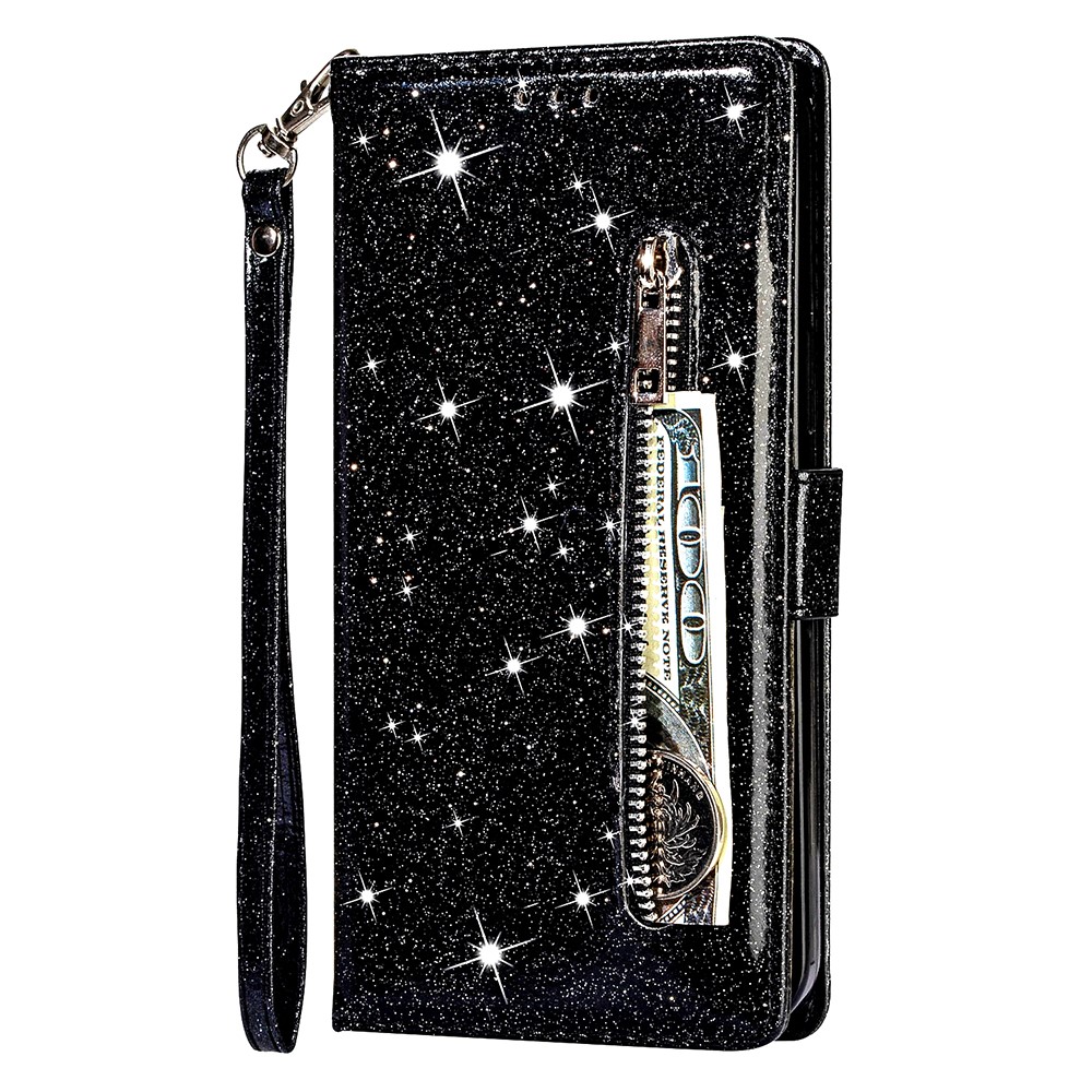 Flash Powder Zipper Pocket Wallet Flip Leather Phone Case with Strap for Samsung Galaxy S21 Ultra 5G - Black-2