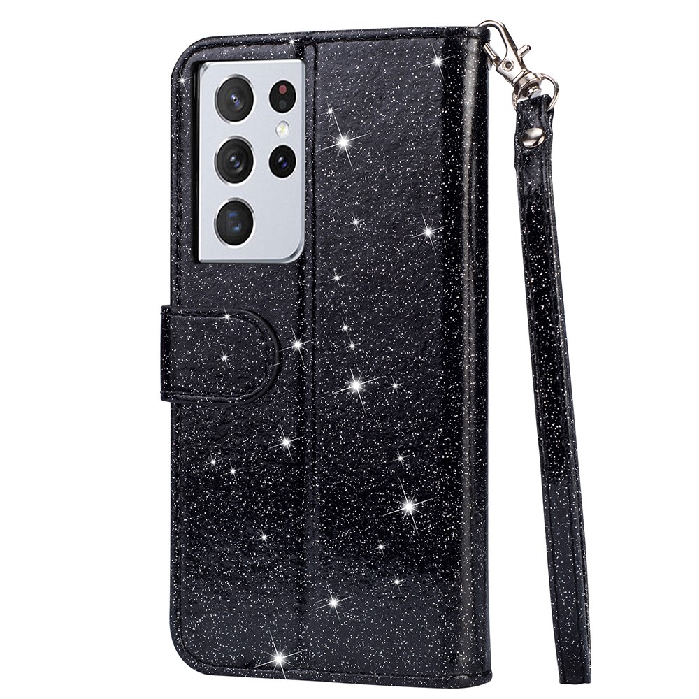 Flash Powder Zipper Pocket Wallet Flip Leather Phone Case with Strap for Samsung Galaxy S21 Ultra 5G - Black-3