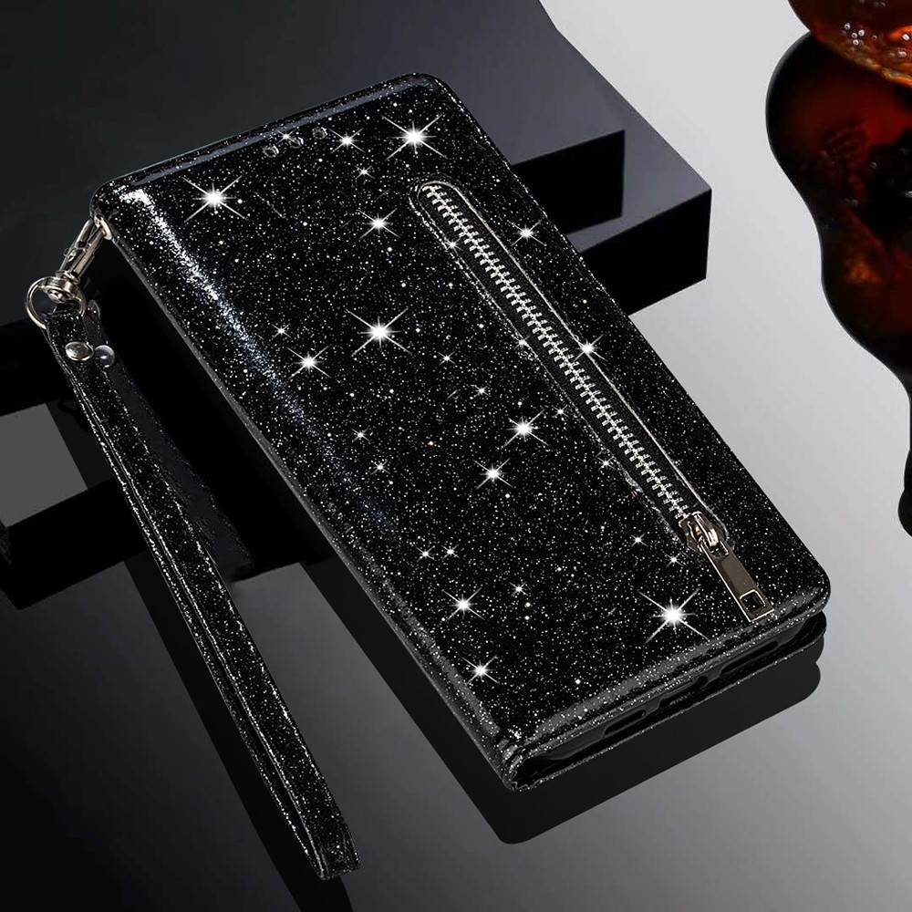 Flash Powder Zipper Pocket Wallet Flip Leather Phone Case with Strap for Samsung Galaxy S21 Ultra 5G - Black-7