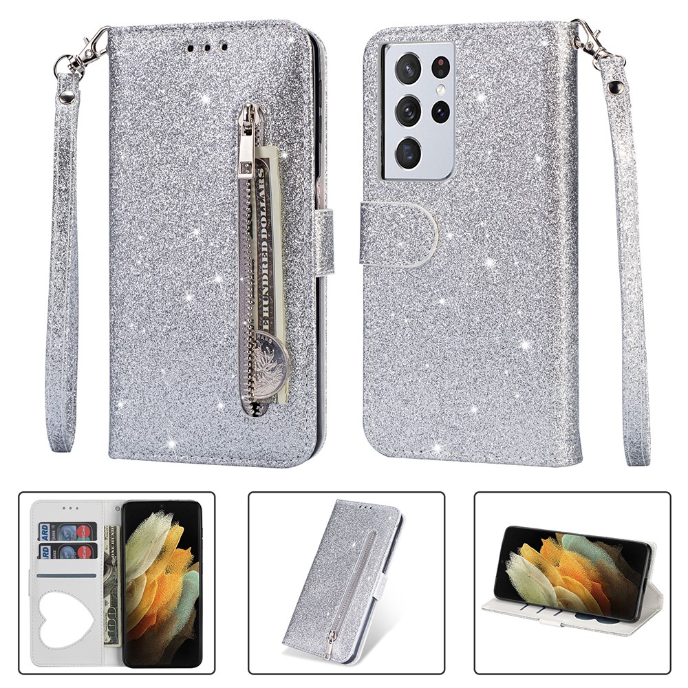 Flash Powder Zipper Pocket Wallet Flip Leather Phone Case with Strap for Samsung Galaxy S21 Ultra 5G - Silver-1