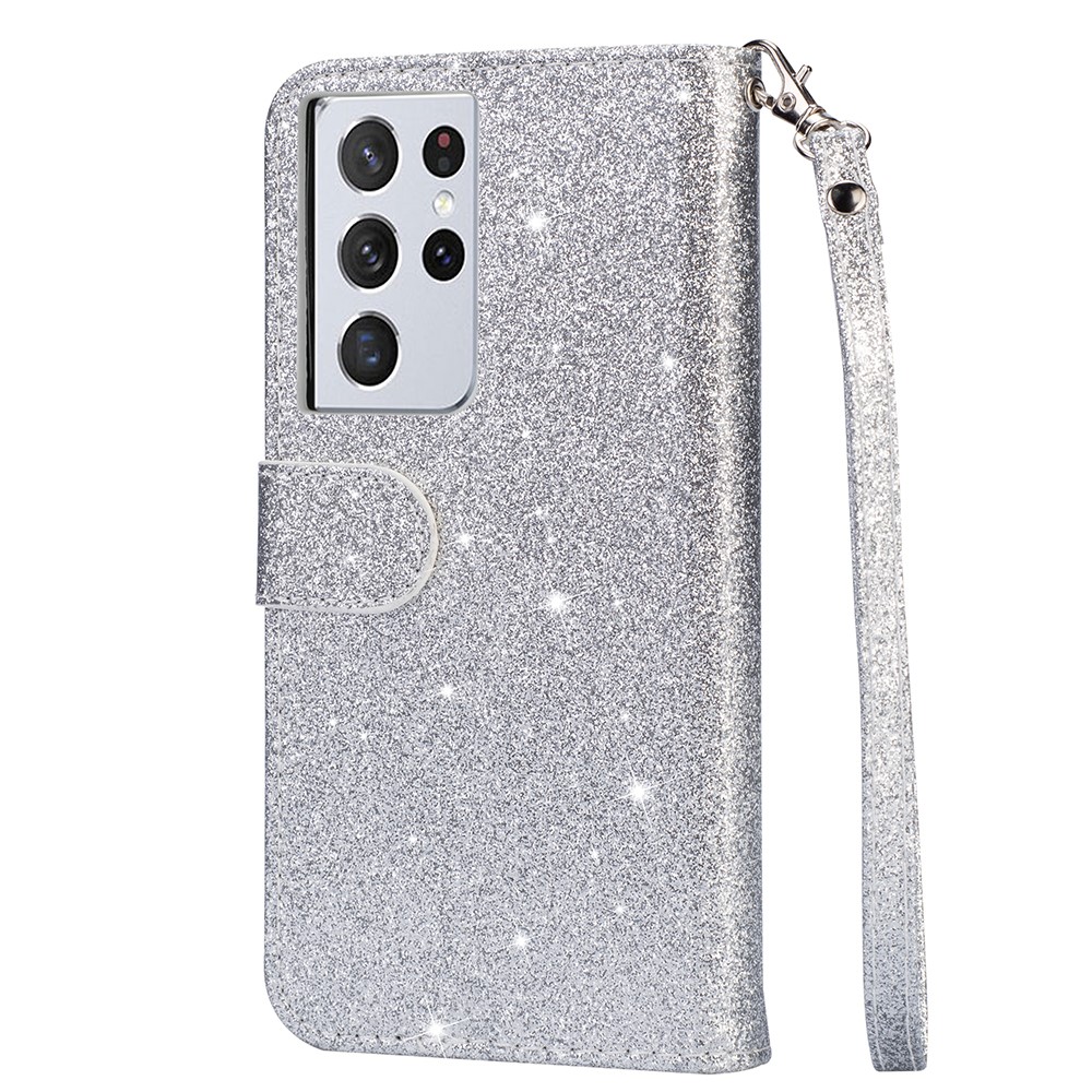 Flash Powder Zipper Pocket Wallet Flip Leather Phone Case with Strap for Samsung Galaxy S21 Ultra 5G - Silver-3