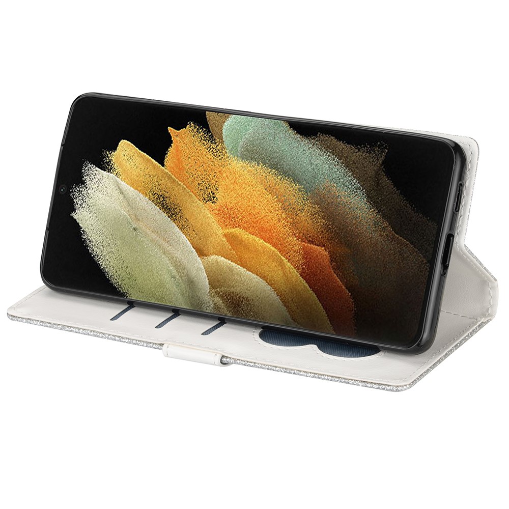 Flash Powder Zipper Pocket Wallet Flip Leather Phone Case with Strap for Samsung Galaxy S21 Ultra 5G - Silver-5