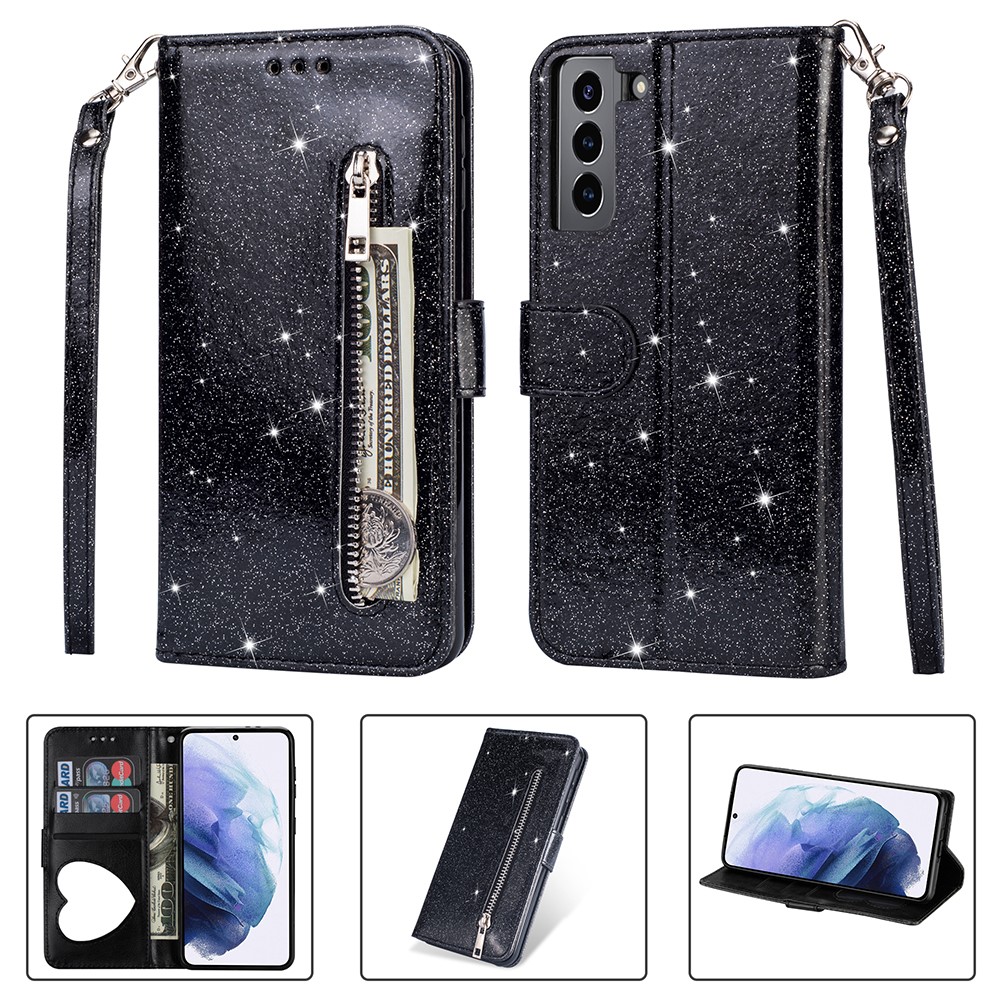 Flash Powder Zipper Pocket Wallet Flip Leather Phone Case with Strap for Samsung Galaxy S21+ - Black-1