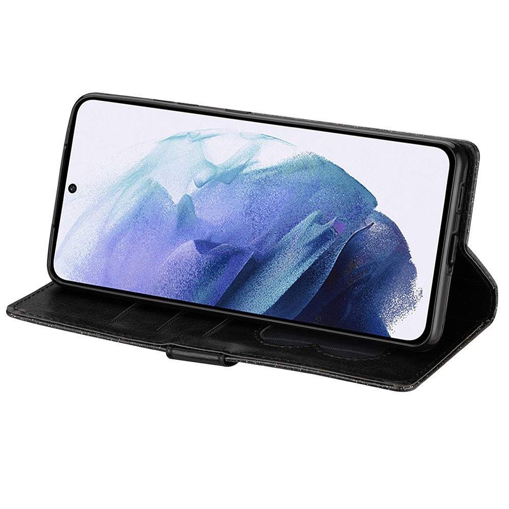 Flash Powder Zipper Pocket Wallet Flip Leather Phone Case with Strap for Samsung Galaxy S21+ - Black-5