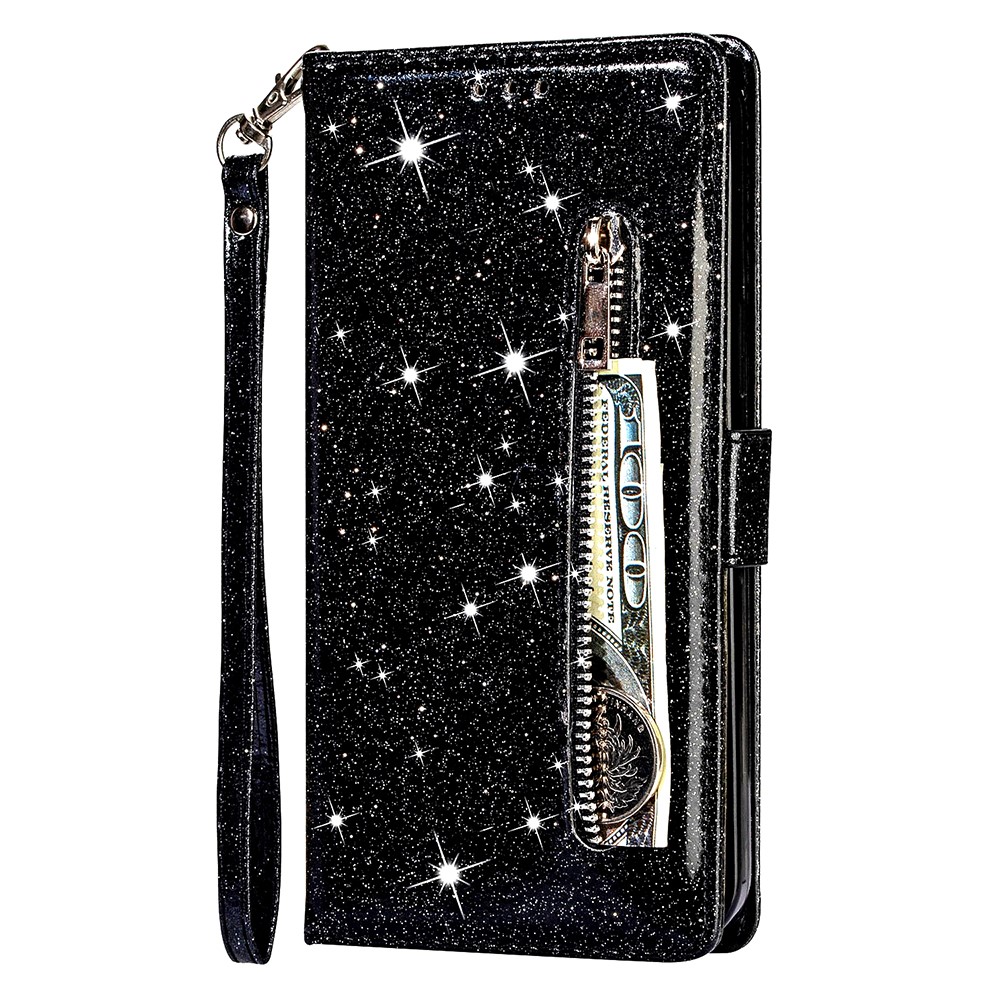 Flash Powder Zipper Pocket Billet Flip Cuero Funda Con Correa Para Samsung Galaxy S21 4G/5G - Negro-2