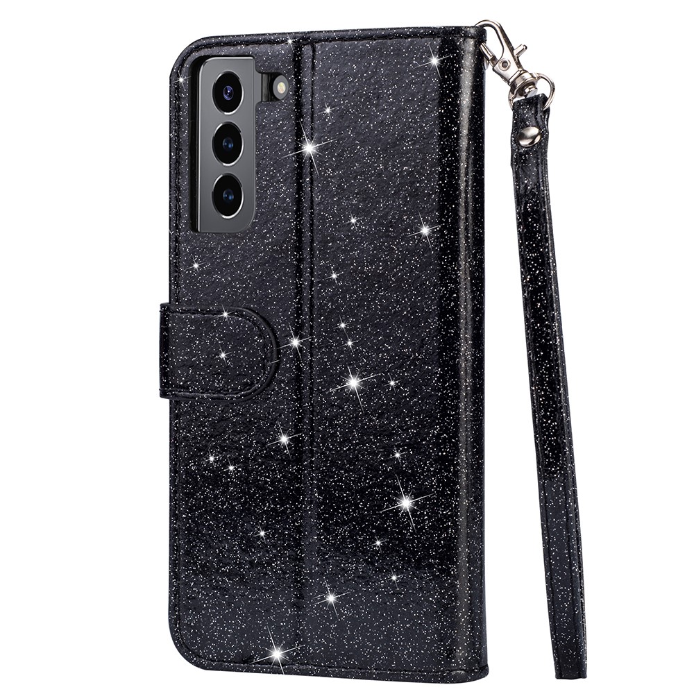 Flash Powder Zipper Pocket Billet Flip Cuero Funda Con Correa Para Samsung Galaxy S21 4G/5G - Negro-3