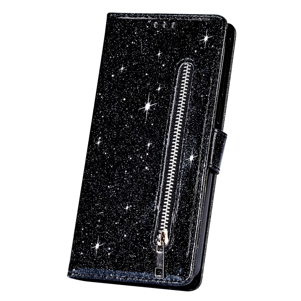 Flash Powder Zipper Pocket Billet Flip Cuero Funda Con Correa Para Samsung Galaxy S21 4G/5G - Negro-4