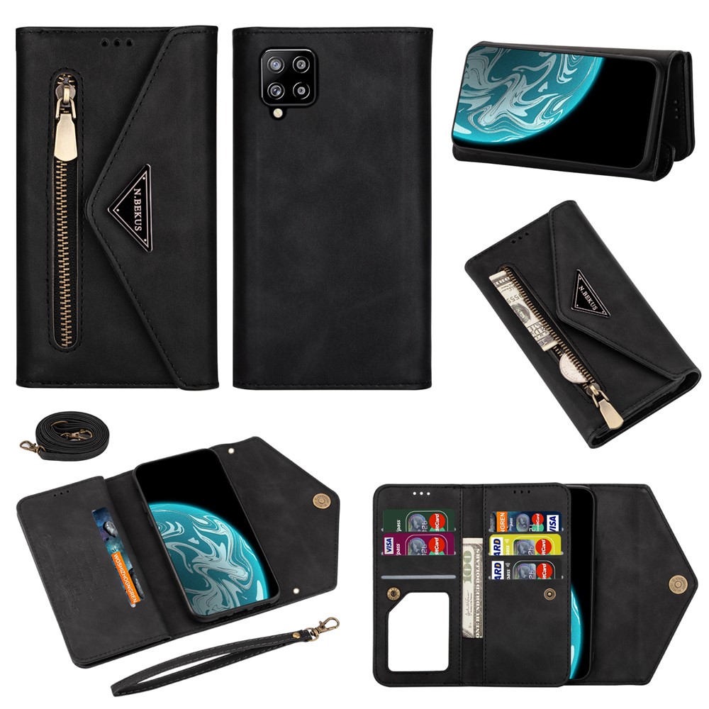 Zipper Wallet Leather Shell Stand Phone Cover with Short + Long Strap for Samsung Galaxy A12 - Black-1