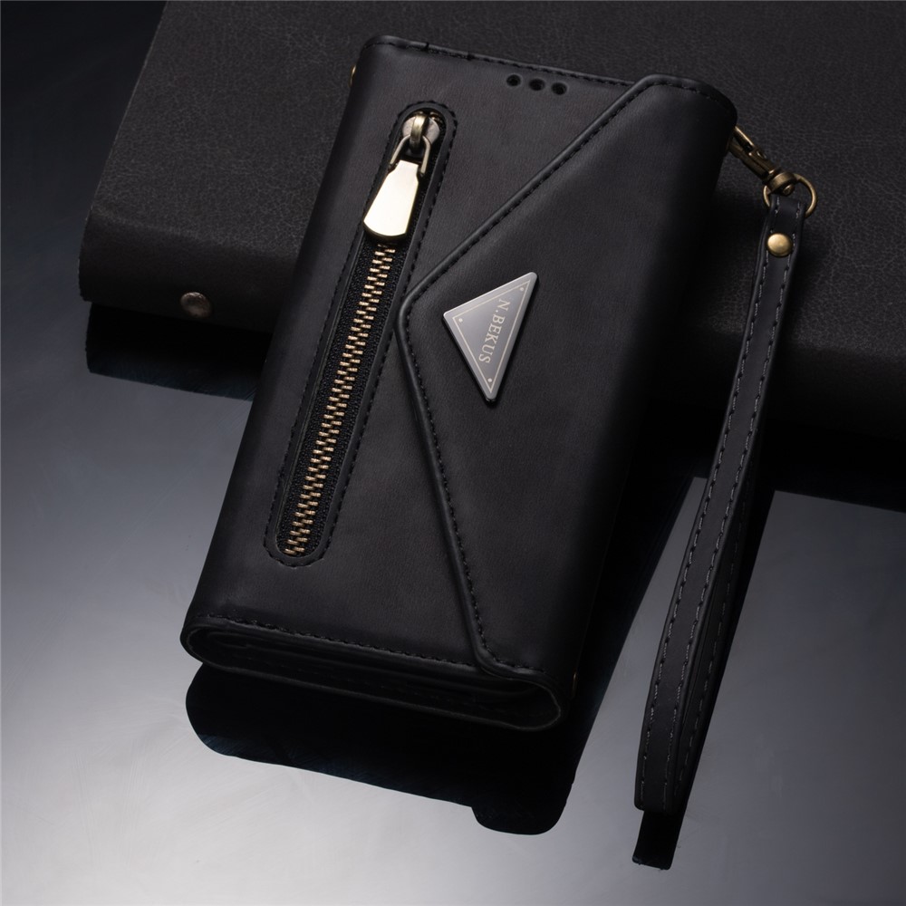 Zipper Wallet Leather Shell Stand Phone Cover with Short + Long Strap for Samsung Galaxy A12 - Black-10