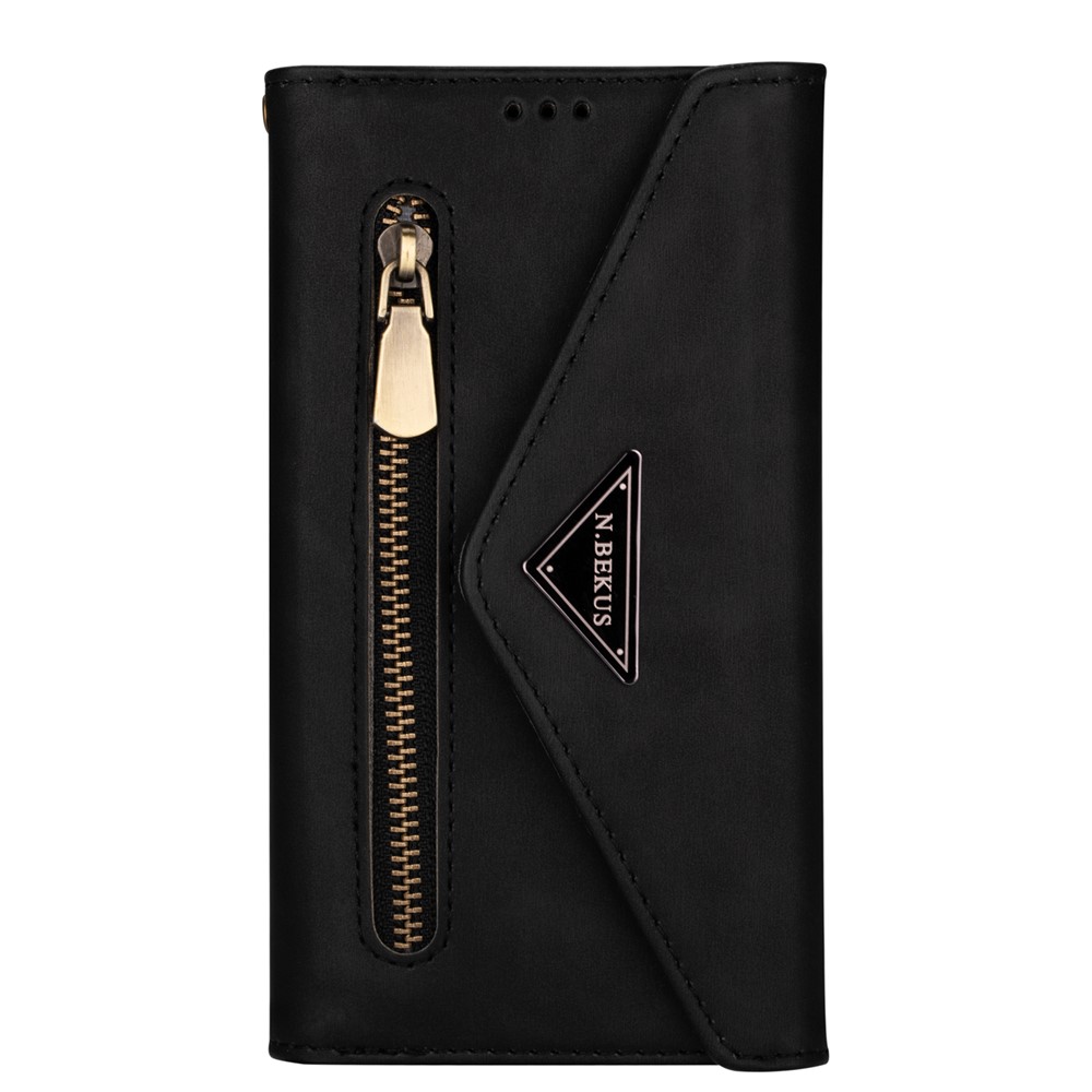 Zipper Wallet Leather Shell Stand Phone Cover with Short + Long Strap for Samsung Galaxy A12 - Black-2