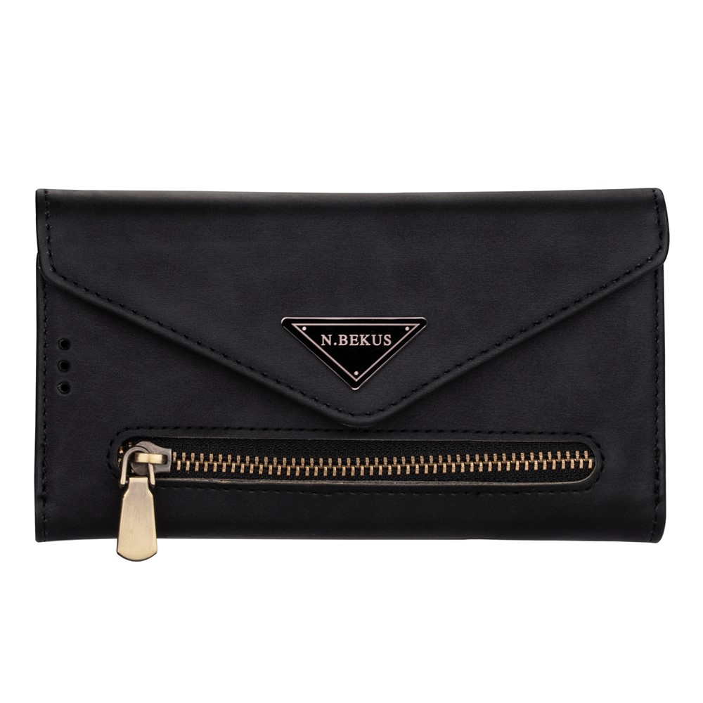 Zipper Wallet Leather Shell Stand Phone Cover with Short + Long Strap for Samsung Galaxy A12 - Black-4