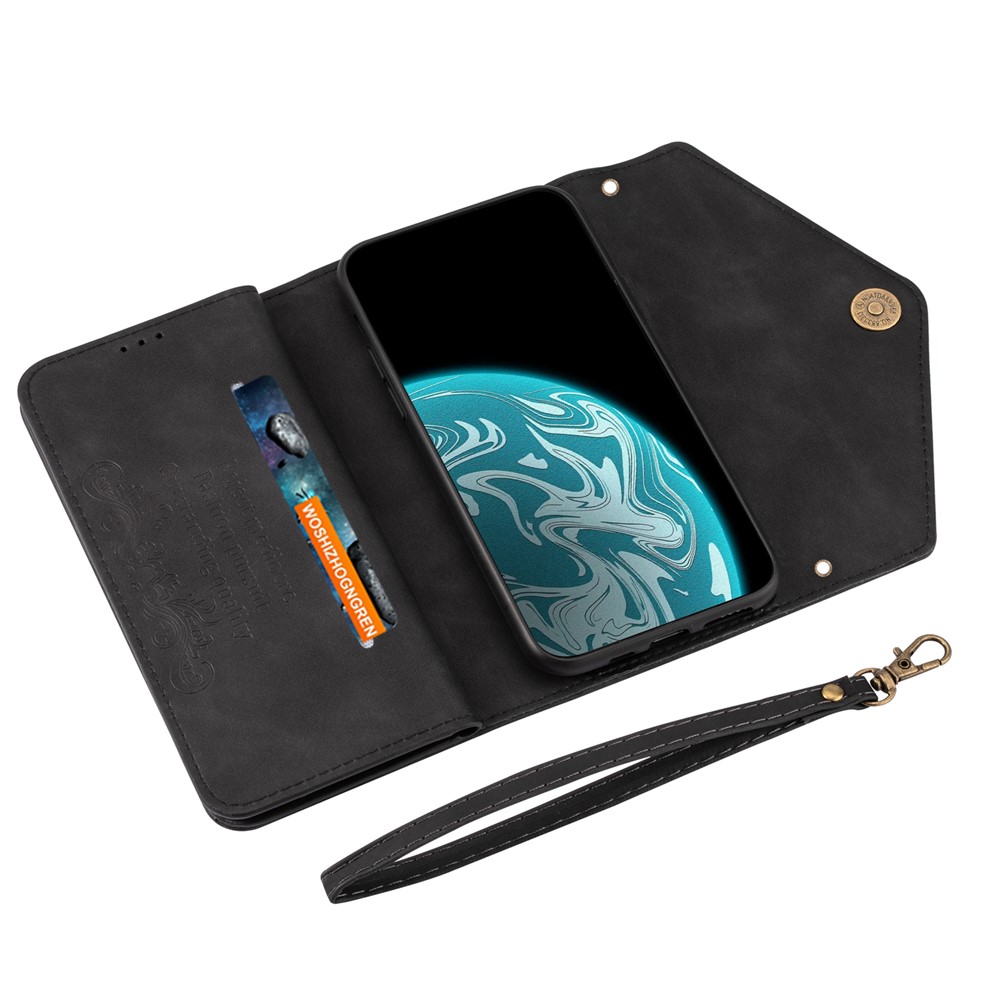 Zipper Wallet Leather Shell Stand Phone Cover with Short + Long Strap for Samsung Galaxy A12 - Black-7