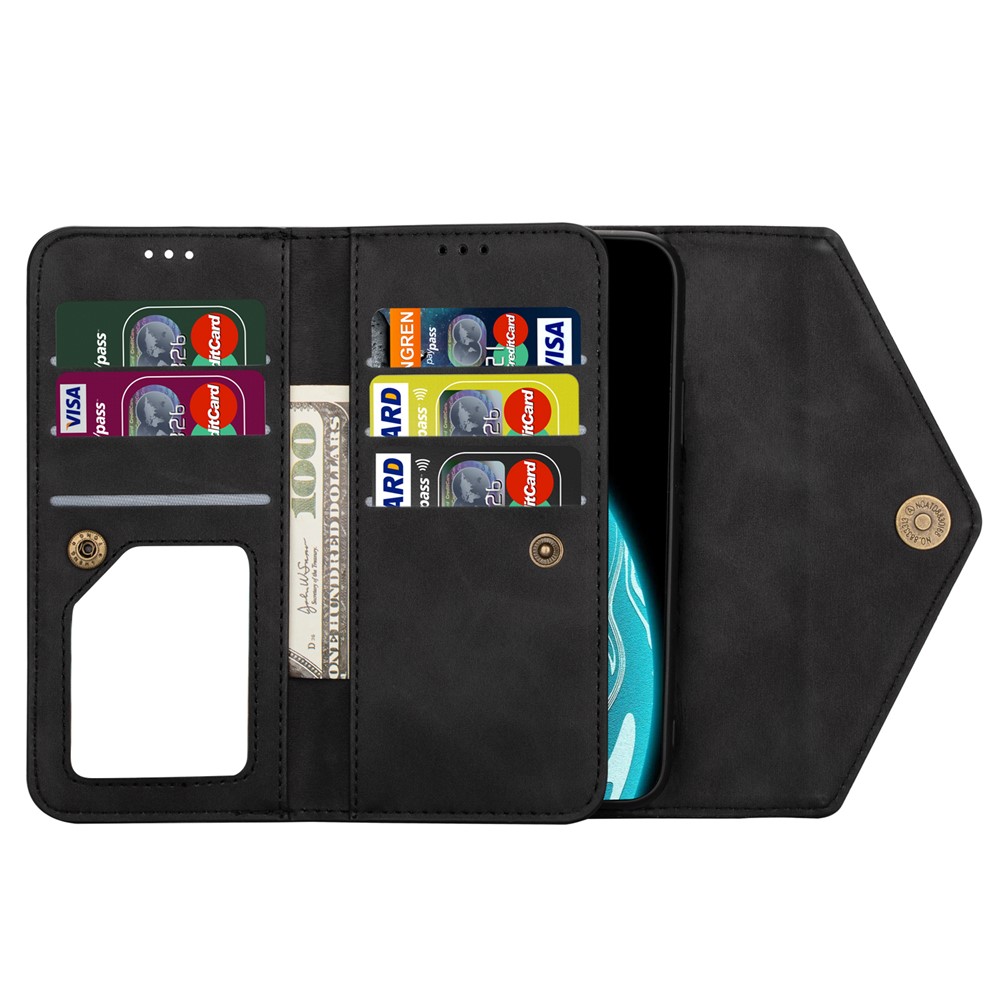 Zipper Wallet Leather Shell Stand Phone Cover with Short + Long Strap for Samsung Galaxy A12 - Black-8