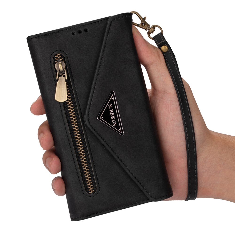 Zipper Wallet Leather Shell Stand Phone Cover with Short + Long Strap for Samsung Galaxy A12 - Black-9