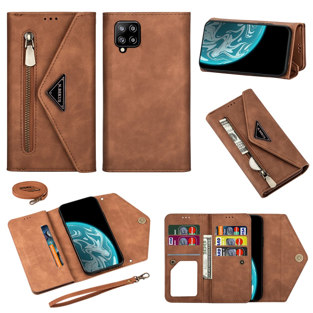 Zipper Wallet Leather Shell Stand Phone Cover with Short + Long Strap for Samsung Galaxy A12 - Brown-1