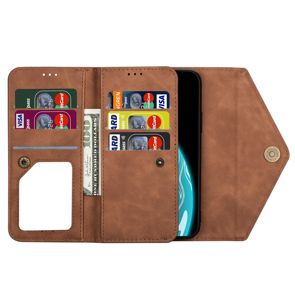 Zipper Wallet Leather Shell Stand Phone Cover with Short + Long Strap for Samsung Galaxy A12 - Brown-3