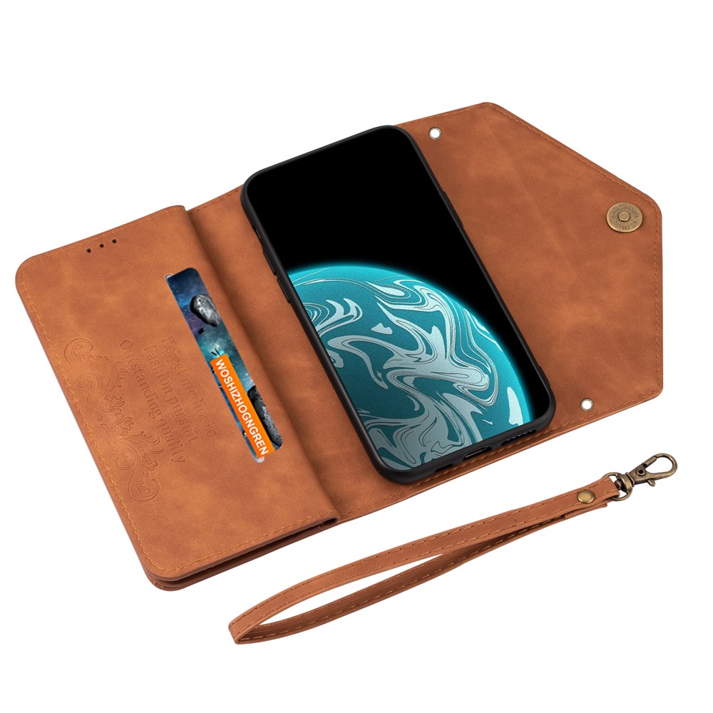 Zipper Wallet Leather Shell Stand Phone Cover with Short + Long Strap for Samsung Galaxy A12 - Brown-5