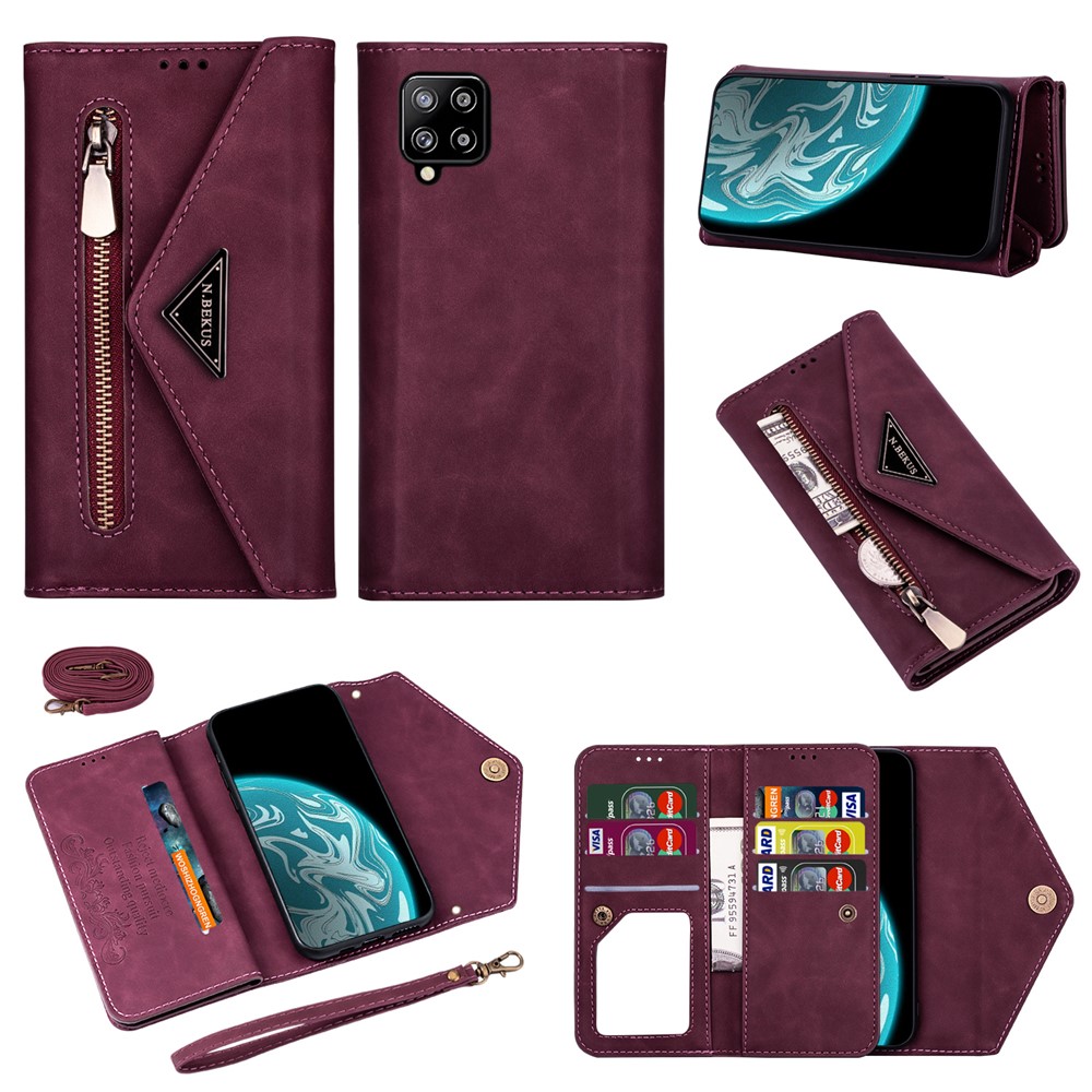 Zipper Wallet Leather Shell Stand Phone Cover with Short + Long Strap for Samsung Galaxy A12 - Wine Red-1
