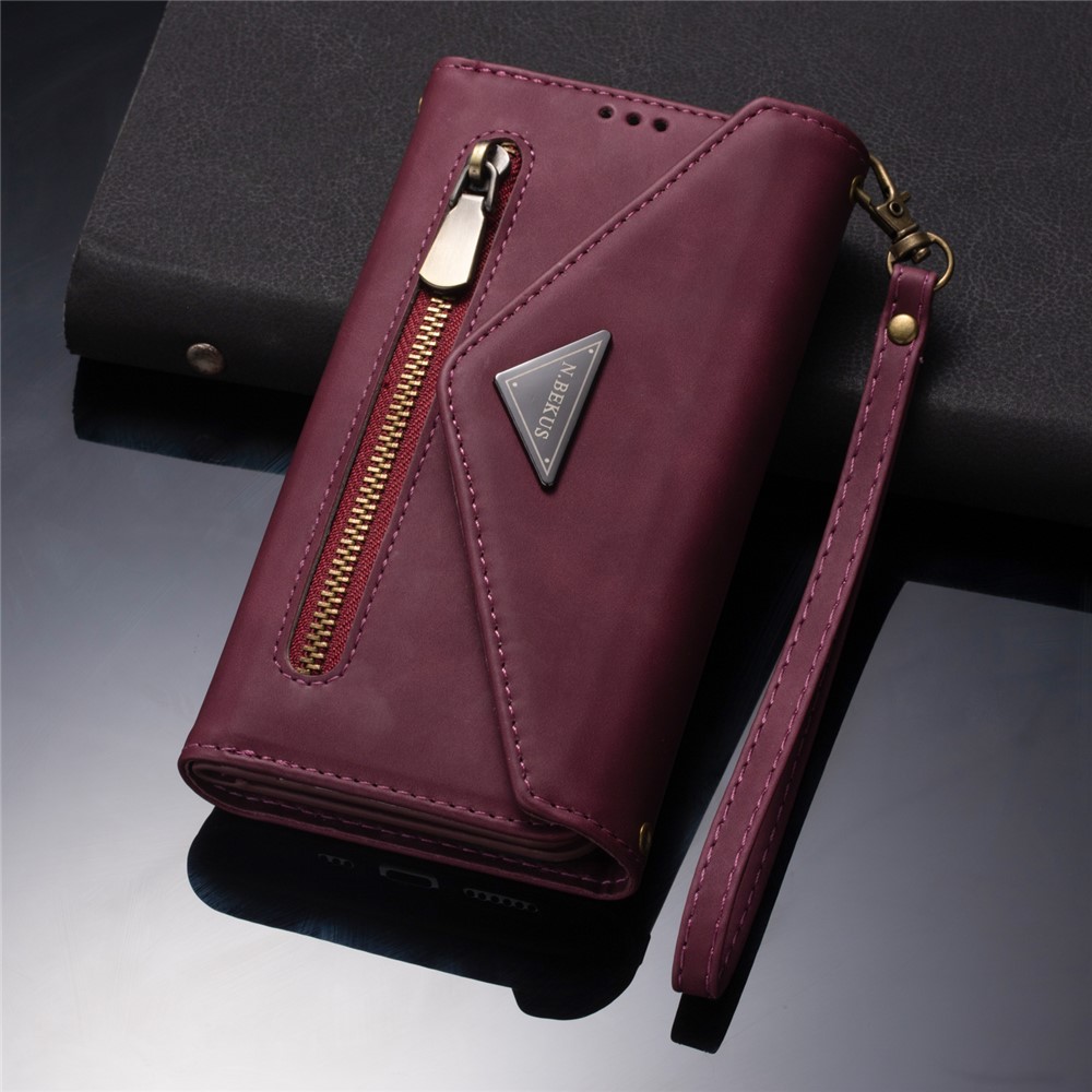 Zipper Wallet Leather Shell Stand Phone Cover with Short + Long Strap for Samsung Galaxy A12 - Wine Red-10