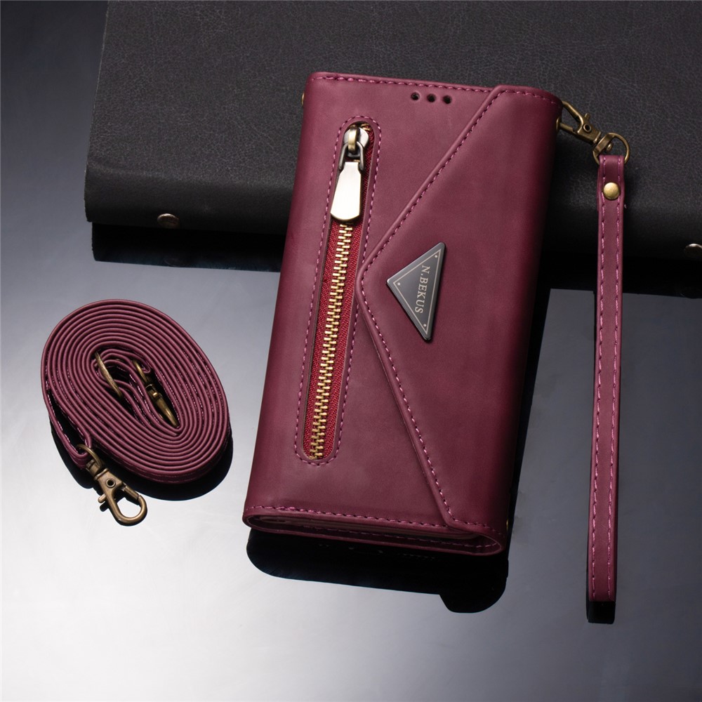 Zipper Wallet Leather Shell Stand Phone Cover with Short + Long Strap for Samsung Galaxy A12 - Wine Red-11