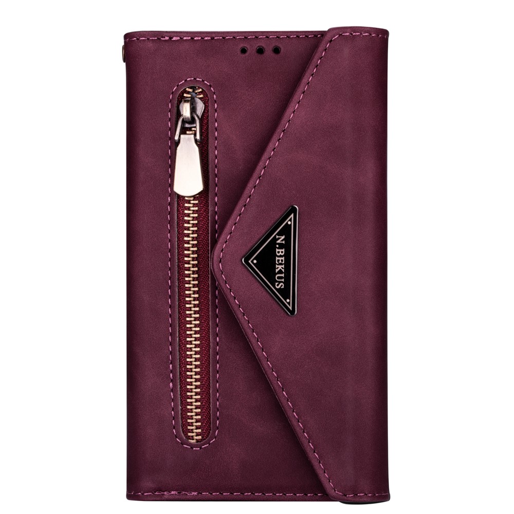 Zipper Wallet Leather Shell Stand Phone Cover with Short + Long Strap for Samsung Galaxy A12 - Wine Red-2