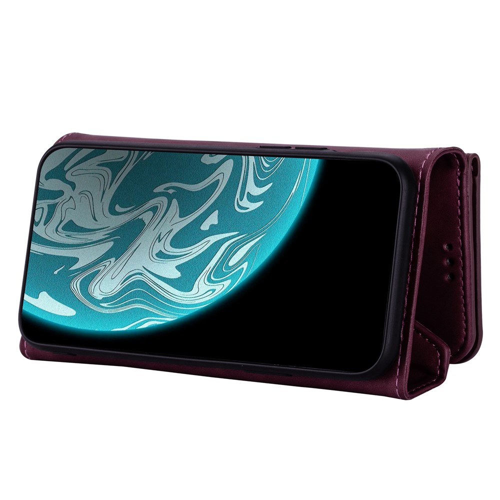 Zipper Wallet Leather Shell Stand Phone Cover with Short + Long Strap for Samsung Galaxy A12 - Wine Red-4
