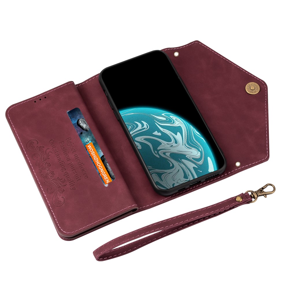 Zipper Wallet Leather Shell Stand Phone Cover with Short + Long Strap for Samsung Galaxy A12 - Wine Red-5