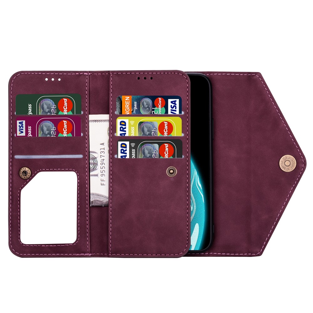 Zipper Wallet Leather Shell Stand Phone Cover with Short + Long Strap for Samsung Galaxy A12 - Wine Red-6