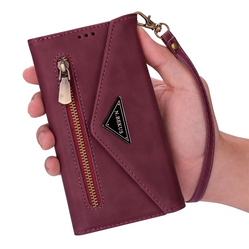 Zipper Wallet Leather Shell Stand Phone Cover with Short + Long Strap for Samsung Galaxy A12 - Wine Red-7
