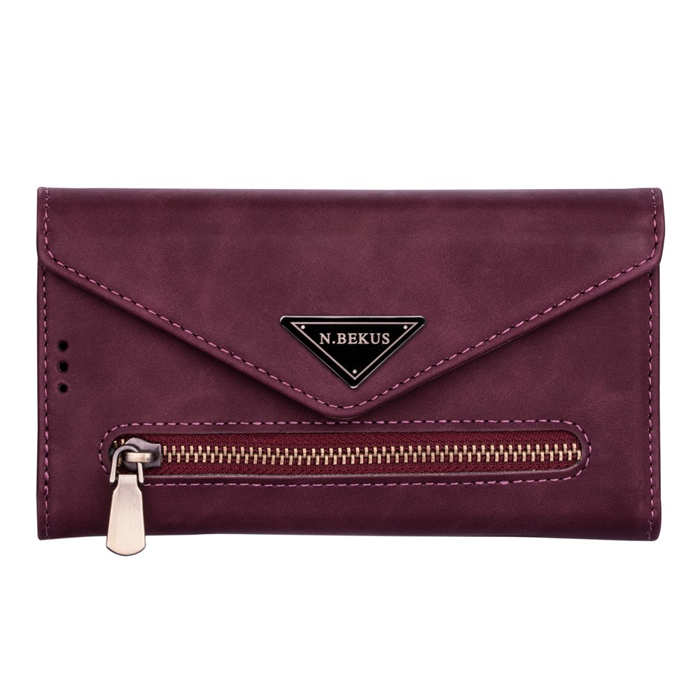Zipper Wallet Leather Shell Stand Phone Cover with Short + Long Strap for Samsung Galaxy A12 - Wine Red-8