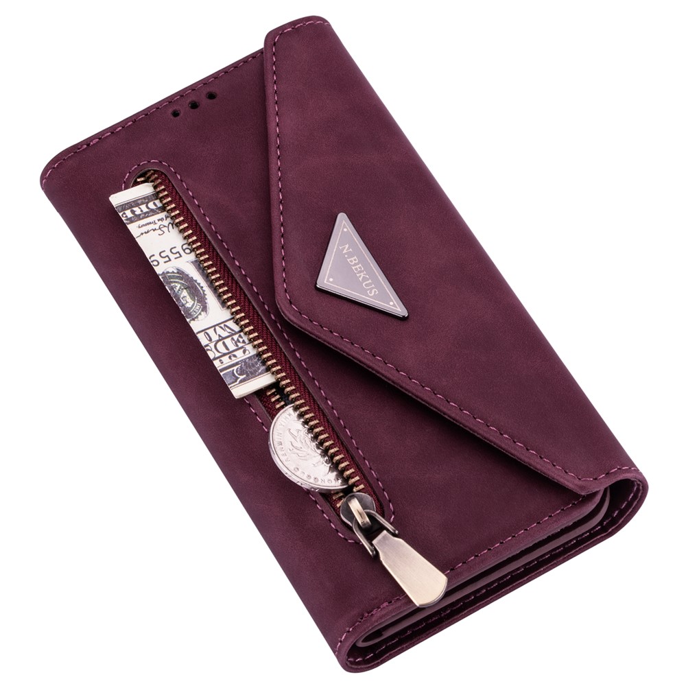 Zipper Wallet Leather Shell Stand Phone Cover with Short + Long Strap for Samsung Galaxy A12 - Wine Red-9