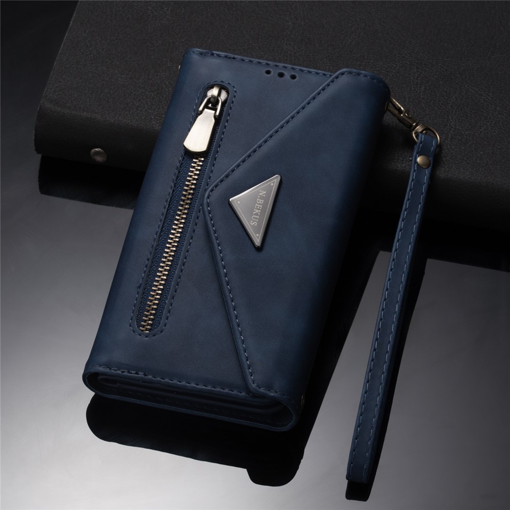 Kurzes + Langes Riemen-Design-Reißverschluss-Wallet-Stand-Leder-Telefon-Abdeckungsschale Für Samsung Galaxy A42 5G - Blau