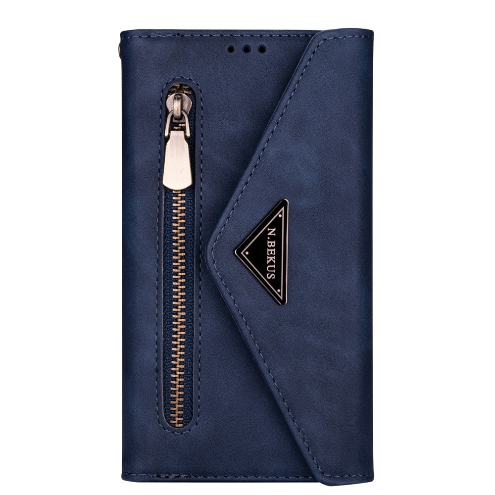 Kurzes + Langes Riemen-Design-Reißverschluss-Wallet-Stand-Leder-Telefon-Abdeckungsschale Für Samsung Galaxy A42 5G - Blau