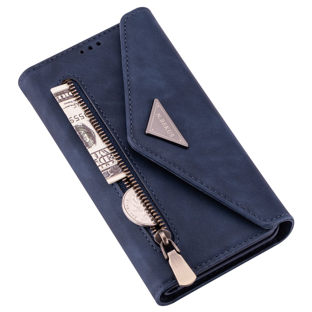 Kurzes + Langes Riemen-Design-Reißverschluss-Wallet-Stand-Leder-Telefon-Abdeckungsschale Für Samsung Galaxy A42 5G - Blau