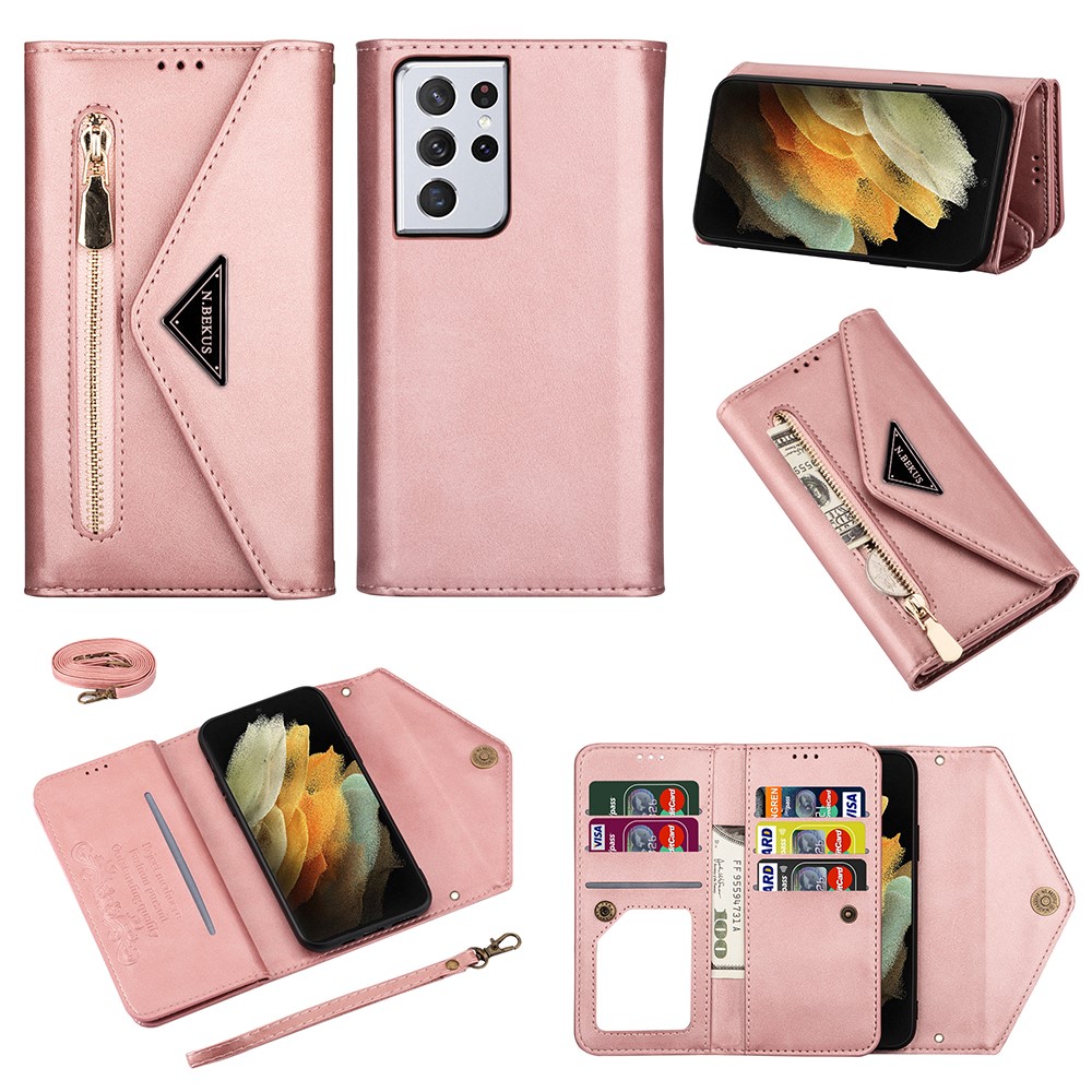 Zipper Wallet Design Leather Stand Phone Cover Shell with Short + Long Strap for Samsung Galaxy S21 Ultra 5G - Rose Gold-1