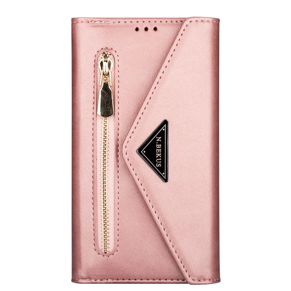 Pour Samsung Galaxy S21 Ultra 5G Portefeuille Zipper Téléphone Boîte de Téléphonie en Cuir Shell de Téléphone Avec Sangle Courte / Longue - or Rose